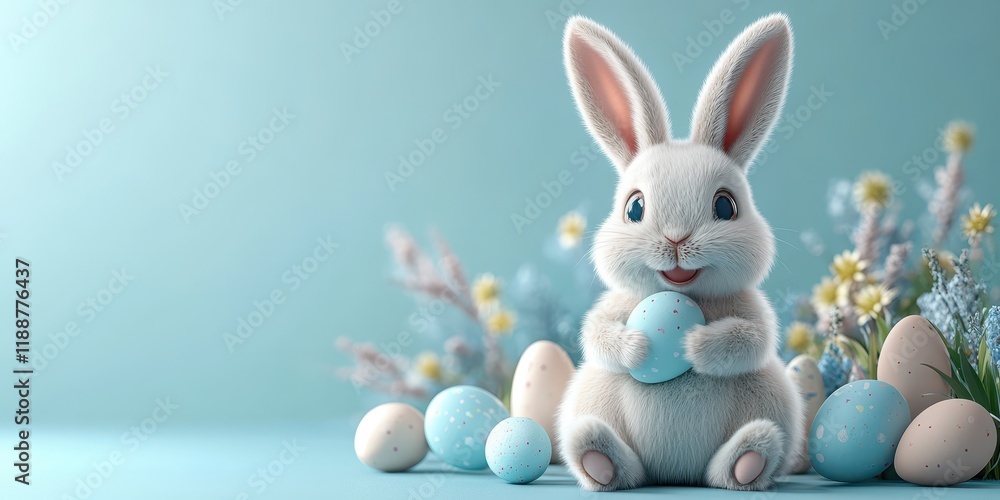 Fototapeta premium 3D Easter bunny character sitting on the floor with colorful eggs, copy space concept, cartoon style, 2/5 space for text, blue background, high resolution, happy mood, detailed 