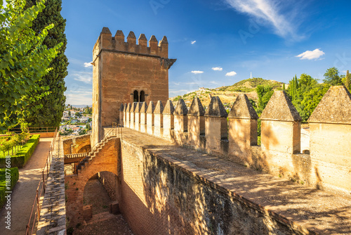 Alhambra complex in Granada town, Andalusia, Spain. Ancient castle walls and tower overlooking a city and hills under a sunny sky.