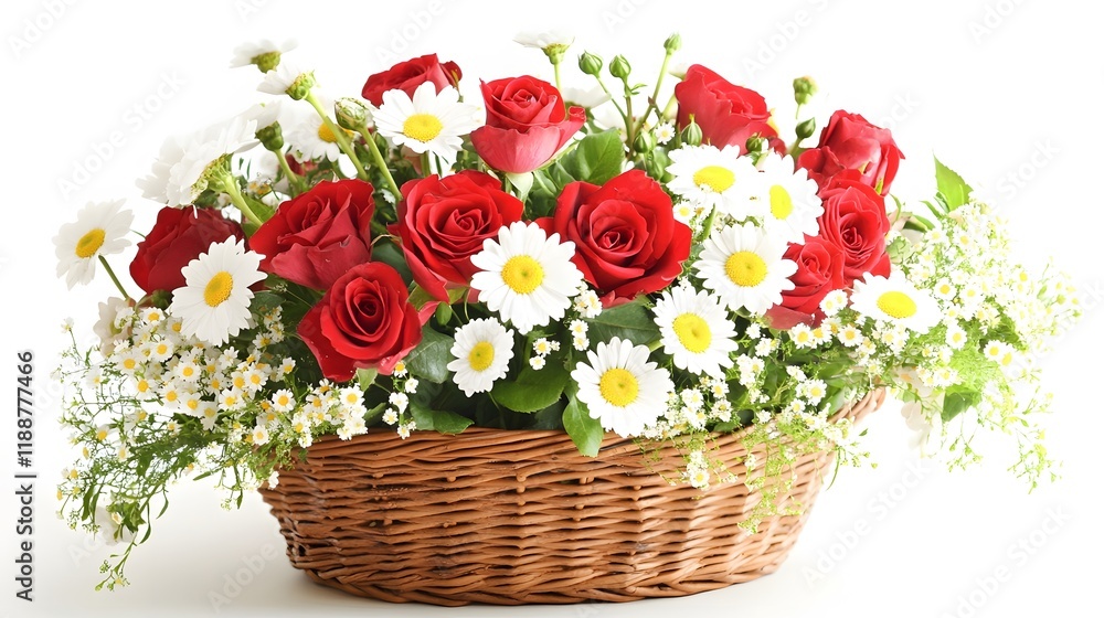 24. Basket with fresh roses and daisies on a white background, perfect for gifting during a special occasion 24. Basket with fresh roses and daisies on a white background, perfect for gifting during a special occasion