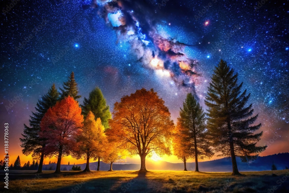 Naklejka premium Starry Night Forest, Mystical Trees, Galactic Landscape