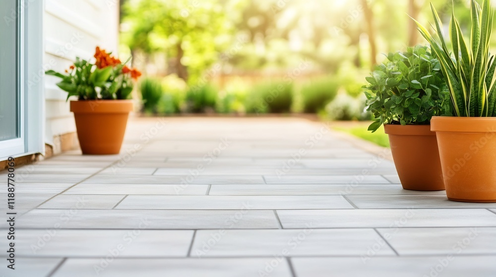 Fototapeta premium Cozy Outdoor Patio with Potted Plants and Minimal Furniture for Summer Gatherings