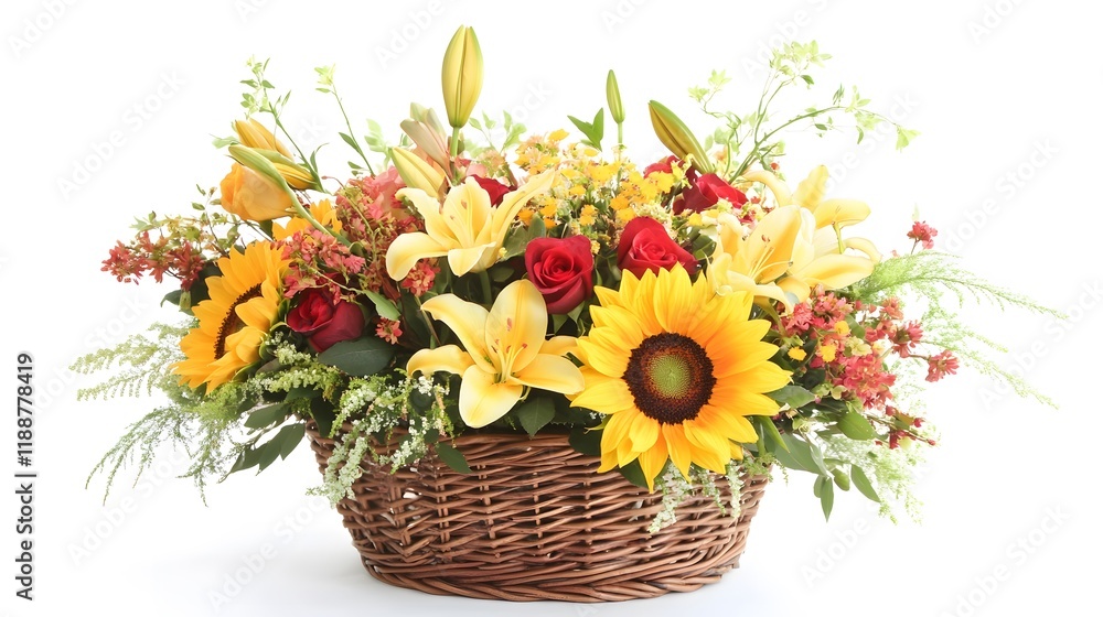 Fototapeta premium 28. A charming basket of sunflowers, lilies, and roses set on a white background, perfect for celebratory occasions