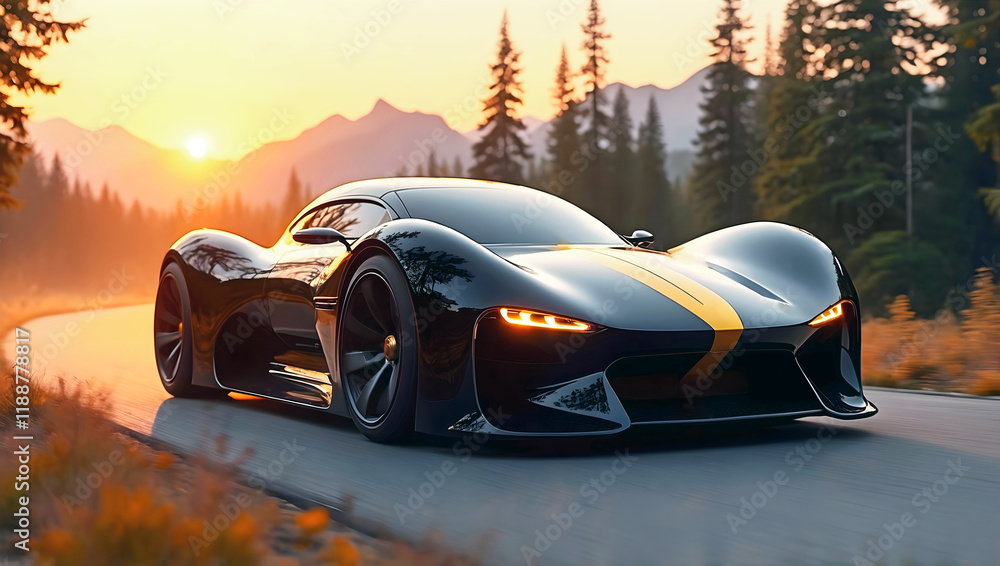 Beautiful modern sport car driving fast on scenic road in forest at sunset , automotive background, tuning template, auto transport
