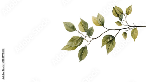  minimalist and natural aesthetic, branch with vibrant green leaves isolated on transparent background