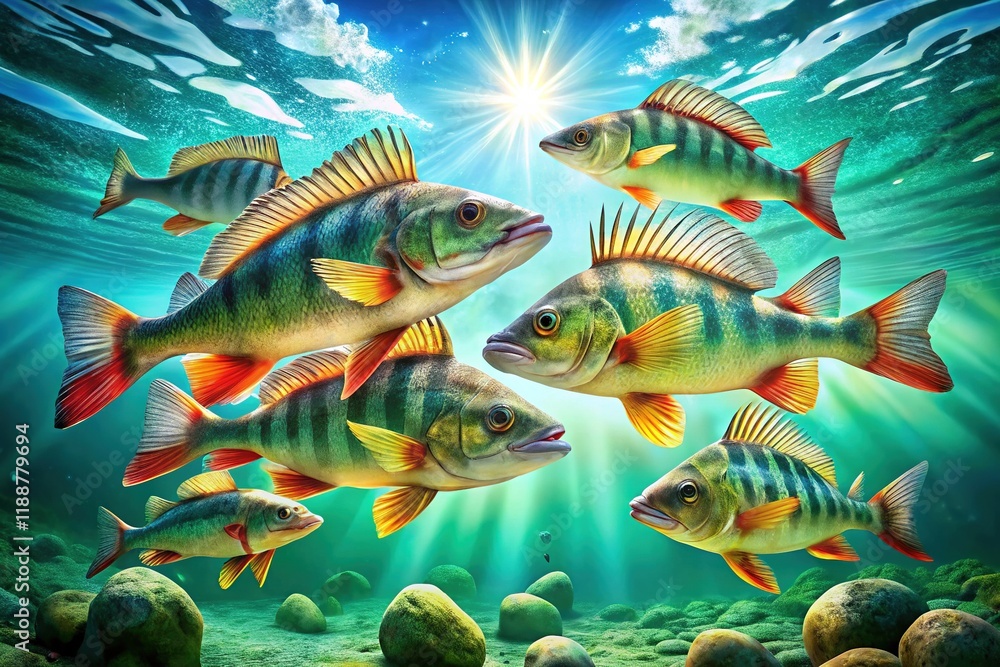 Fototapeta premium Stunning Turquoise Water Perch School, Underwater Photography, Bright Fish, Crystal Clear Ocean