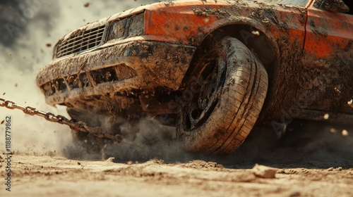 Muddy Car Covered in Dirt and Dust During Off-Road Adventure