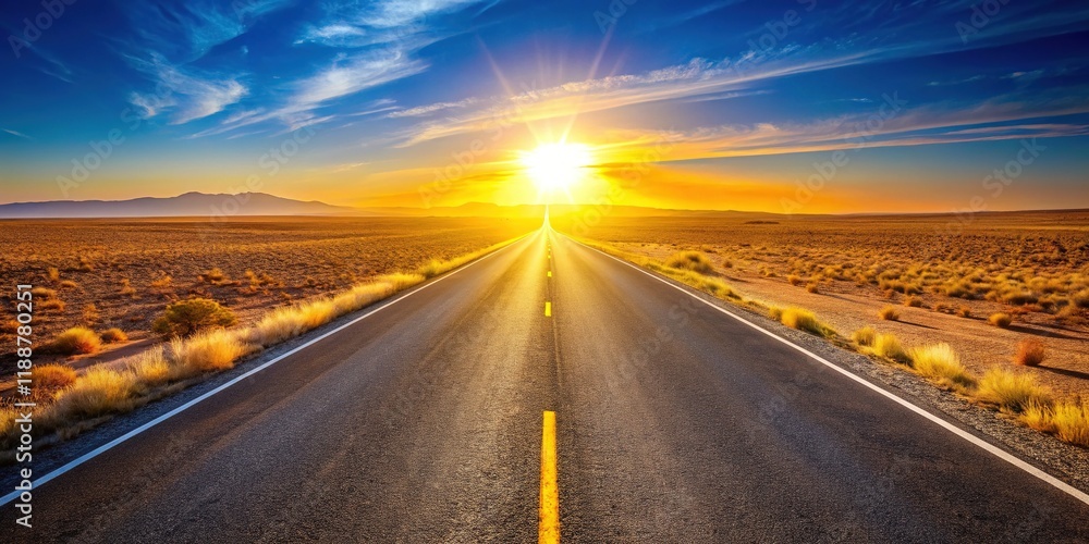 Naklejka premium Sun-Drenched Desert Highway: Endless Straight Road, Majestic Landscape Photography