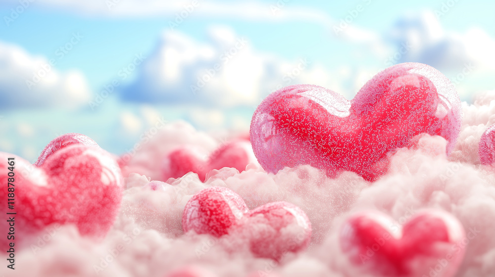 Obraz premium dreamy Valentine Day background with soft pink hearts floating in clouds, creating romantic and whimsical atmosphere. Perfect for love themed designs