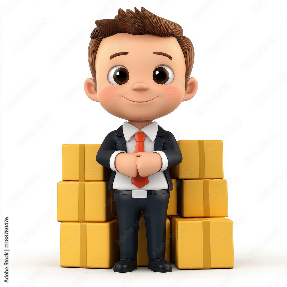 Smiling boy in suit stands proudly by stack of boxes. Smiling boy in suit stands proudly by stack of boxes.