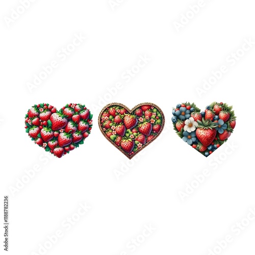 set of strawberry heart shape isolated on white and transparent background, fruits concept. PNG