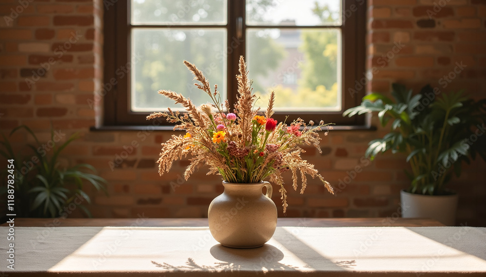 Charming vase filled with wildflowers and dried grass on a table near a sunlit window Charming vase filled with wildflowers and dried grass on a table near a sunlit window