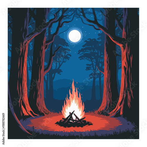 campfire in the forest illustration background.