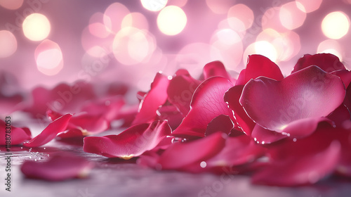 Delicate rose petals scattered on surface, creating romantic atmosphere with soft bokeh lights in background. Perfect for Valentine Day or special occasions