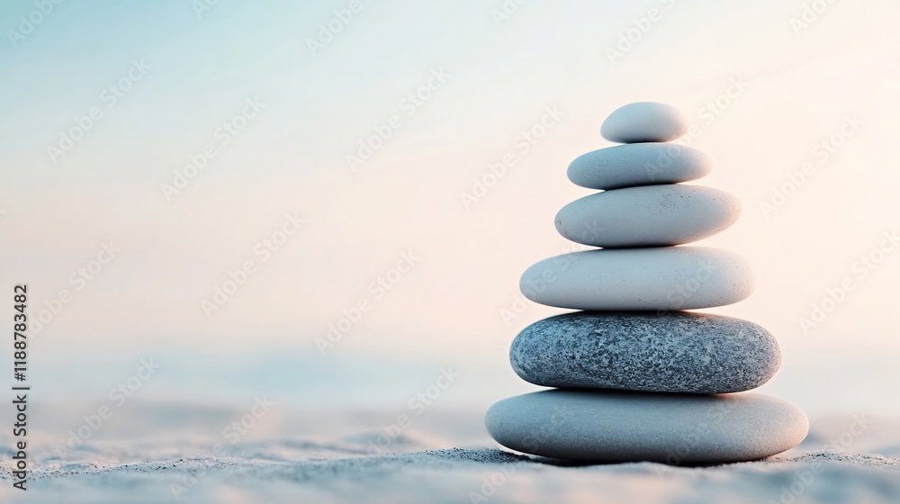 Balanced Pebble Stack on Serene Beach with Soft Focus Natural Background Balanced Pebble Stack on Serene Beach with Soft Focus Natural Background