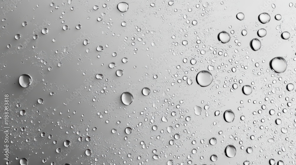 Water Droplets on Smooth Surface with Soft Gray Background Water Droplets on Smooth Surface with Soft Gray Background