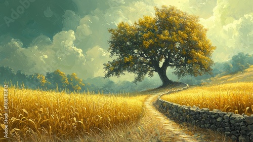 Vibrant cornfields featuring an oak tree and rock barrier, artwork with a mystical green sky gradient