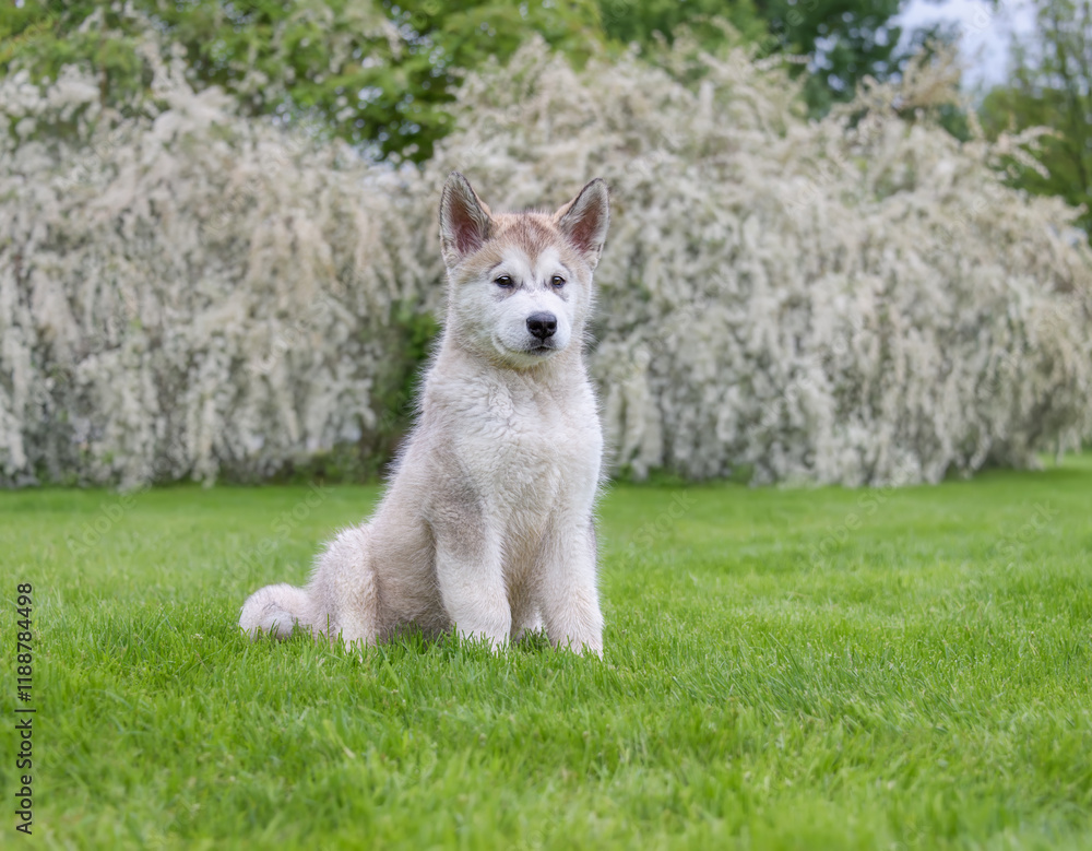 Young Alaskan Malamute dog puppy, male, with a plush double coat sitting in a green grass meadow with a white flowering bush in spring Young Alaskan Malamute dog puppy, male, with a plush double coat sitting in a green grass meadow with a white flowering bush in spring