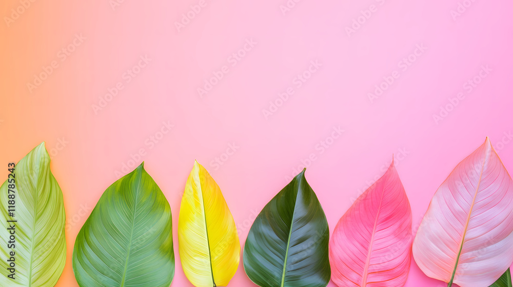 Fototapeta premium A Captivating Display of Tropical Leaves in Fluorescent Colors Against a Soft Pink Background for an Energizing Vibe