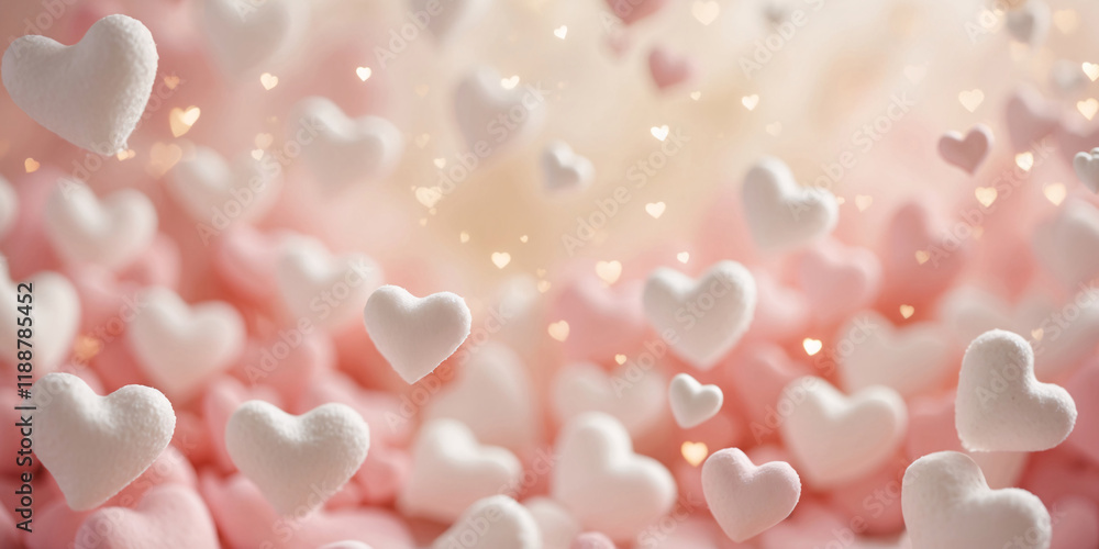 Floating falling pink and white marshmallow hearts Valentine's Day background Floating falling pink and white marshmallow hearts Valentine's Day background