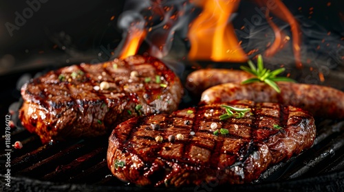 Juicy Grilled Steaks with Rosemary and Pepper on a Flaming Grill