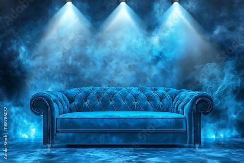 Elegant blue velvet sofa illuminated with dramatic spotlights in a mysterious dark room ambiance. photo