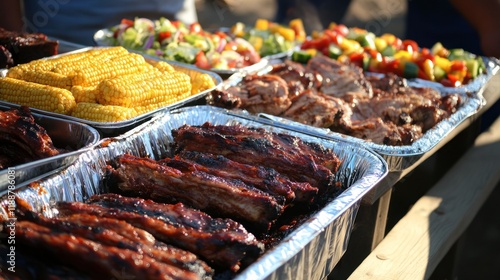 Delicious BBQ ribs, corn, and salads on buffet table.
