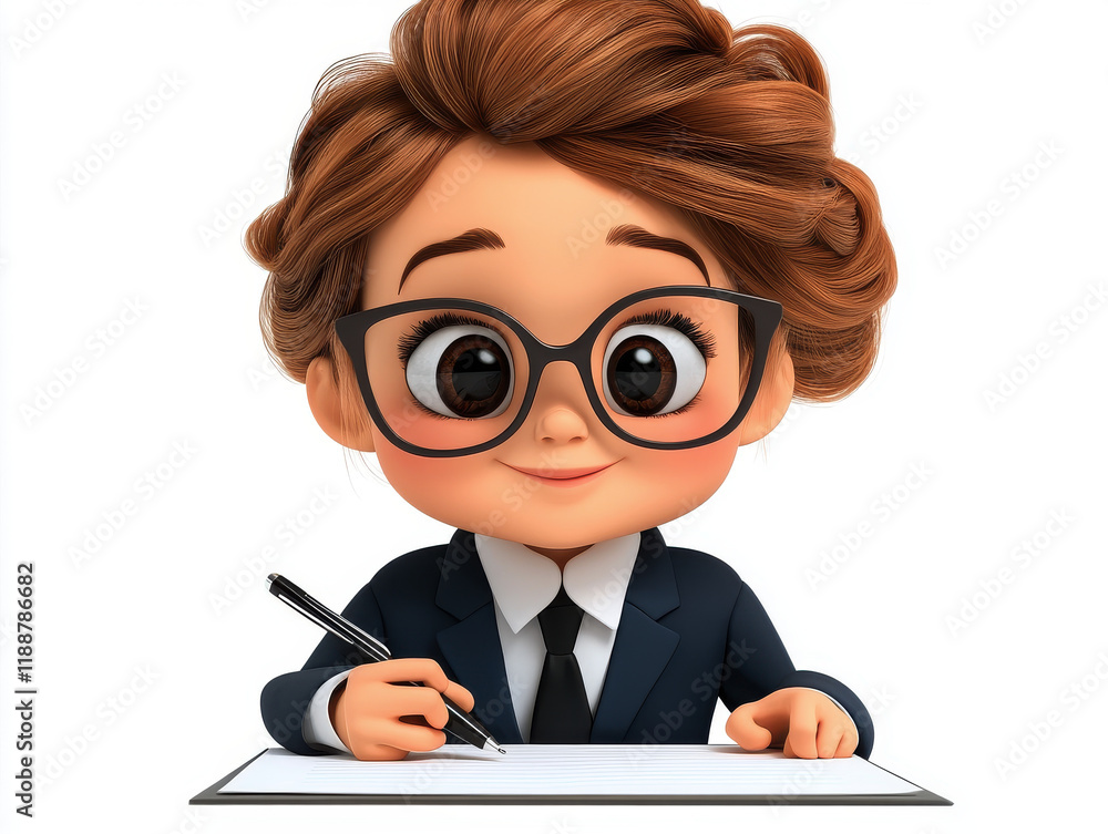 Adorable cartoon girl in business attire diligently writing. Adorable cartoon girl in business attire diligently writing.
