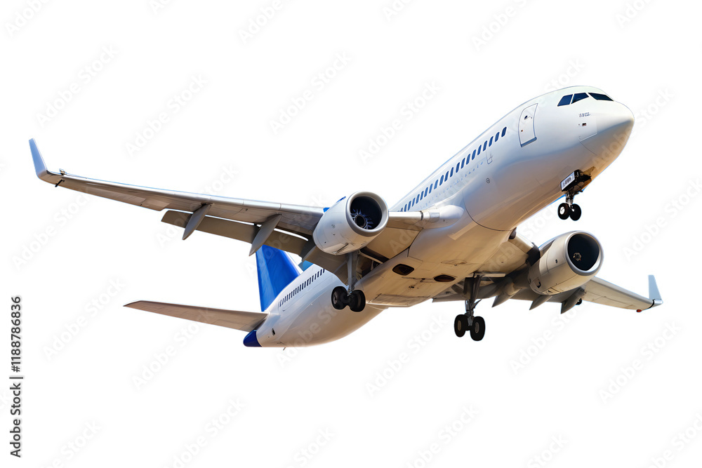 Obraz premium Airplane soaring high in a clear blue sky, isolated PNG with transparent background