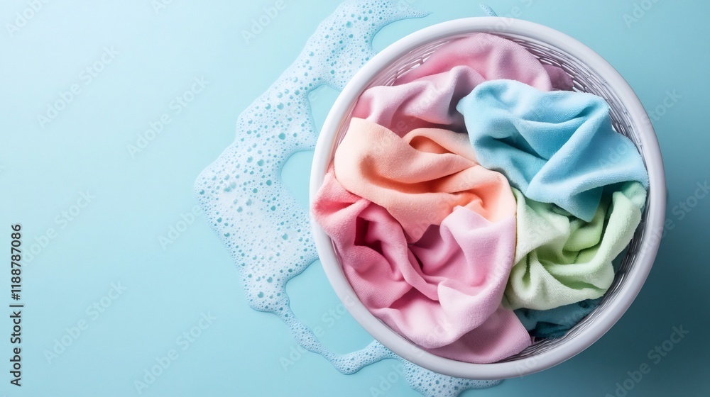 Pastel Fabrics Soaked in Soapy Suds in Wicker Laundry Basket Pastel Fabrics Soaked in Soapy Suds in Wicker Laundry Basket