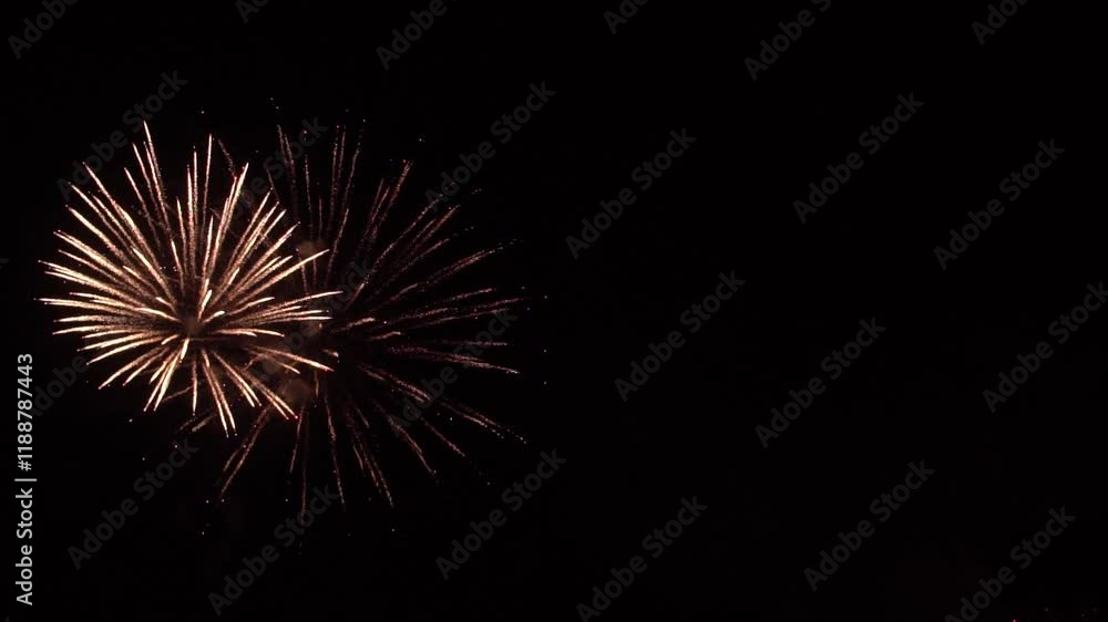 Real Shining Fireworks Display New year's Celebration in Night Sky. Slow motion. Real Shining Fireworks Display New year's Celebration in Night Sky. Slow motion.