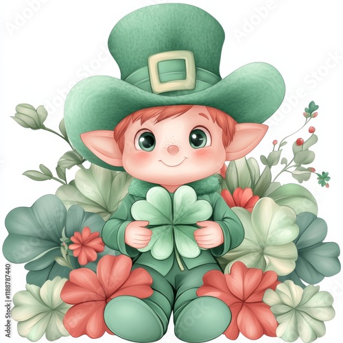 A funny Leprechaun with a green hat and a big shamrock in hand. Generative AI photo