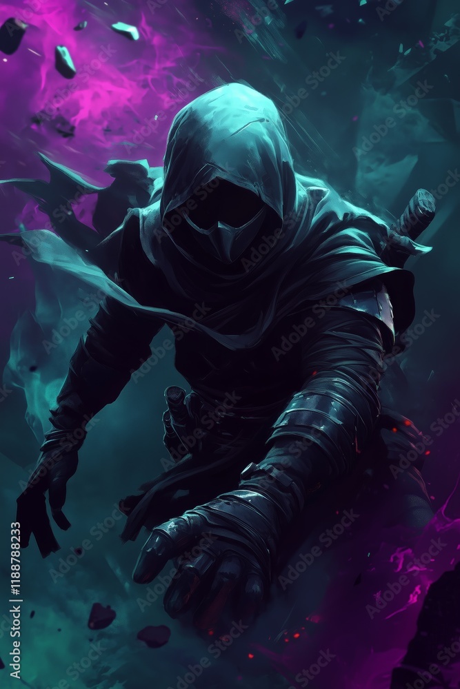Fototapeta premium A hooded figure, cloaked in darkness, reaches out from a vibrant nebula of purple and teal.
