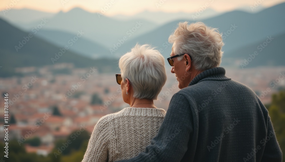 An elderly couple stands together, gazing at a breathtaking landscape of mountains and a quaint town below. Their warm connection is highlighted by their cozy attire and the serene atmosphere, evoking An elderly couple stands together, gazing at a breathtaking landscape of mountains and a quaint town below. Their warm connection is highlighted by their cozy attire and the serene atmosphere, evoking