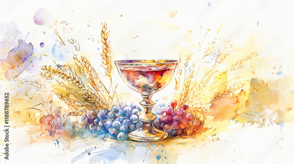 A symbolic watercolor of a chalice overflowing with wine, surrounded by wheat and grapevines, representing the Eucharist.