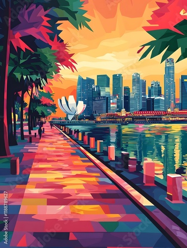 Vibrant Minimalist Skyline of Singapore s Iconic Landmarks in Retro Poster Style photo