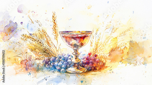 Obraz na płótnie A symbolic watercolor of a chalice overflowing with wine, surrounded by wheat and grapevines, representing the Eucharist.
w salonie