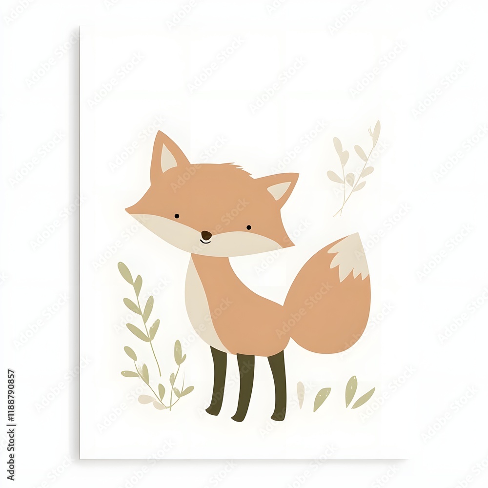 Obraz premium Minimalist Poster of a Cute Fox in a Soft Color Palette for a Children s Nursery or Kid s Room