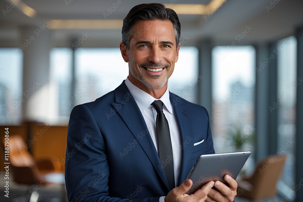 Middle-aged businessman in suit holding tablet and smiling at camera Middle-aged businessman in suit holding tablet and smiling at camera