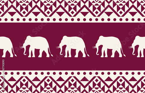 Elegant seamless pattern with elephant silhouettes and geometric motifs. Burgundy and beige color palette. Suitable for fashion apparel, home decor, interior design, children's products.