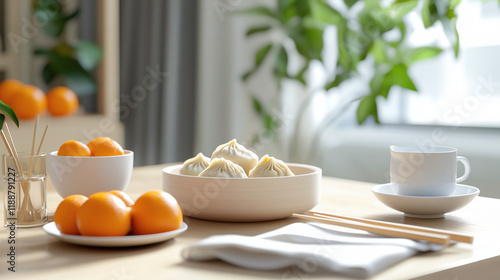 Wallpaper Mural Simple Pleasures: A serene table setting featuring a bowl of baozi, small bowls of mandarin oranges, chopsticks, and a cup of tea, capturing a moment of tranquility and simple enjoyment.  Torontodigital.ca