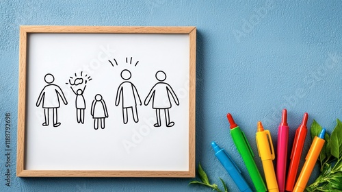 A playful drawing of stick figures expressing joy and togetherness, accompanied by colorful markers, enhances a creative and uplifting atmosphere. photo