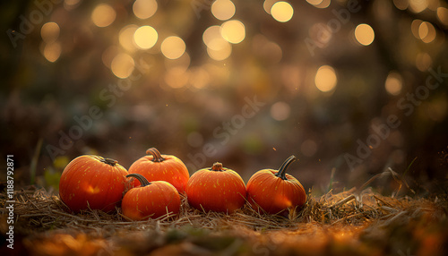Pumpkins In The Field At Sunset - Thanksgiving And Fall Background