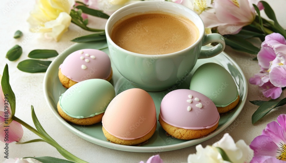 beautiful arrangement of Easter egg-shaped cookies, elegantly decorated, with a rich cup of coffee and colorful spring flowers for a festive and inviting treat beautiful arrangement of Easter egg-shaped cookies, elegantly decorated, with a rich cup of coffee and colorful spring flowers for a festive and inviting treat