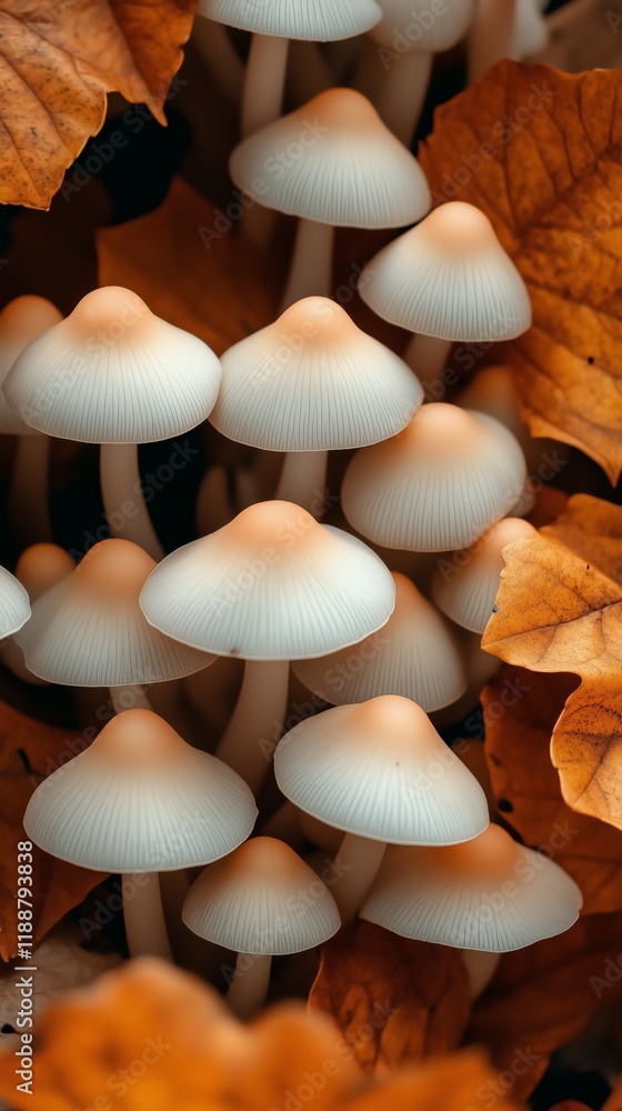 A close-up shot of a cluster of delicate white mushrooms emerging from a bed of vibrant autumn leaves. Phone wallpaper. A close-up shot of a cluster of delicate white mushrooms emerging from a bed of vibrant autumn leaves. Phone wallpaper.