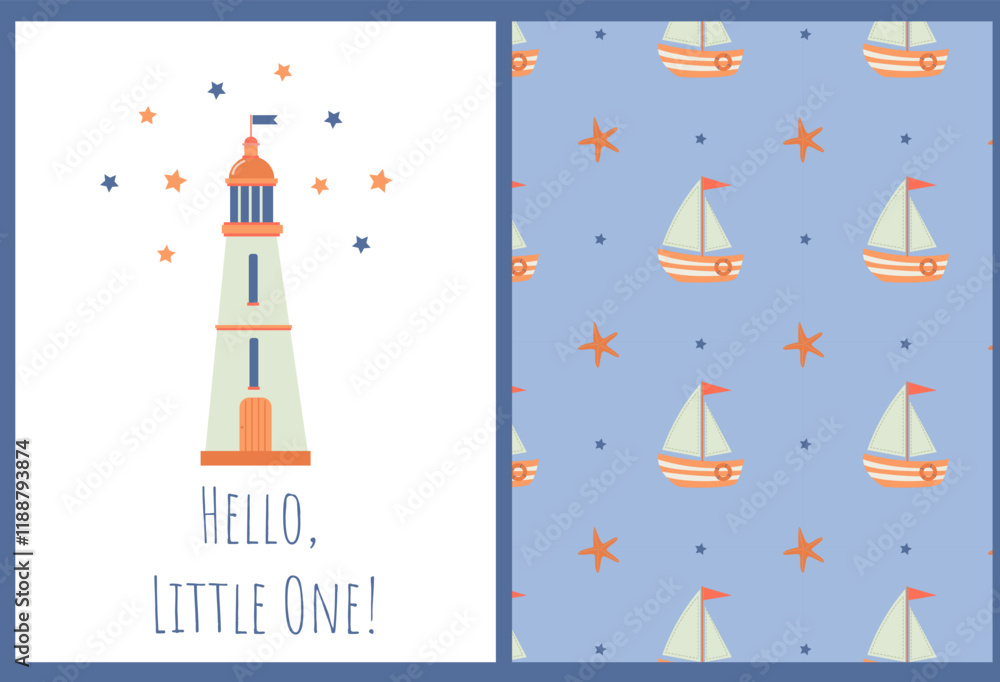 a set of a baby card and a marine-themed pattern with a lighthouse and stars a set of a baby card and a marine-themed pattern with a lighthouse and stars