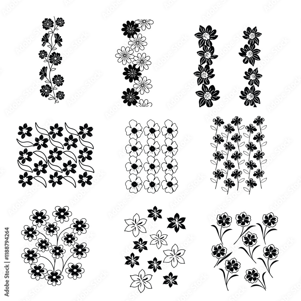 Artistic premium vector silhouettes flower pattern set of black and white elements Artistic premium vector silhouettes flower pattern set of black and white elements