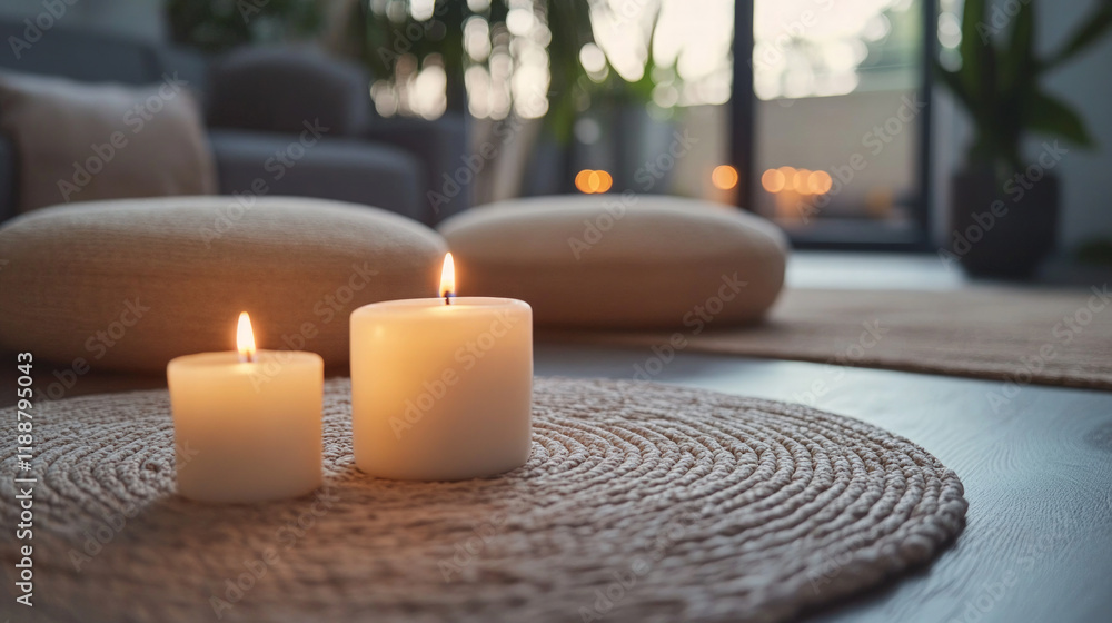 A close-up of a mindfulness meditation scene with lit candles, a meditation cushion, and subtle decorative elements in a peaceful, minimalistic setting A close-up of a mindfulness meditation scene with lit candles, a meditation cushion, and subtle decorative elements in a peaceful, minimalistic setting