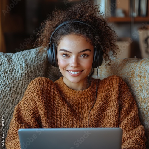Wallpaper Mural A young woman wearing headphones is sitting on the couch with her laptop, watching TV and working online at home while talking to someone over a video call using an office headset. She has curly hair  Torontodigital.ca