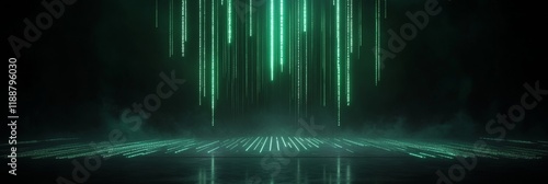 Neon green digital matrix code rain on dark background with futuristic glowing lines