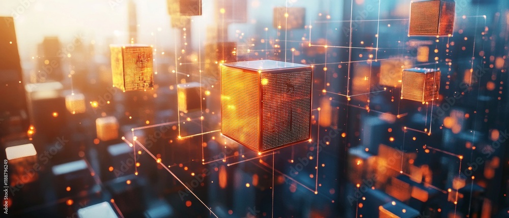 Fototapeta premium A Futuristic digital illustration of glowing cubes in cityscape